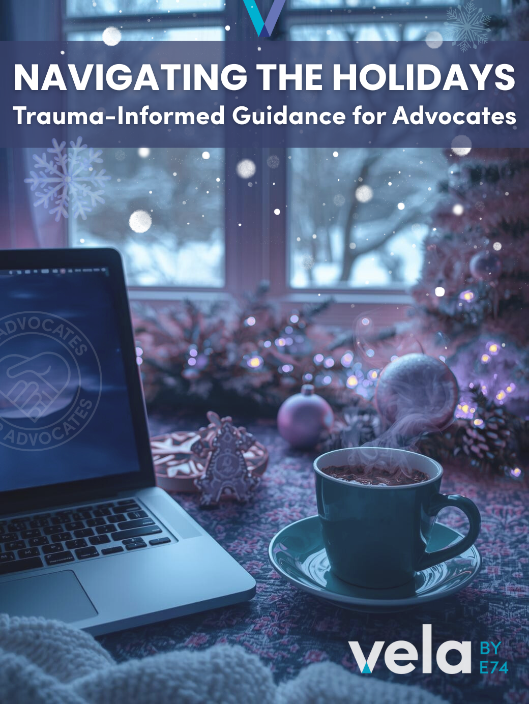 Advocate's laptop open beside a cup of coffee with holiday decorations in the background