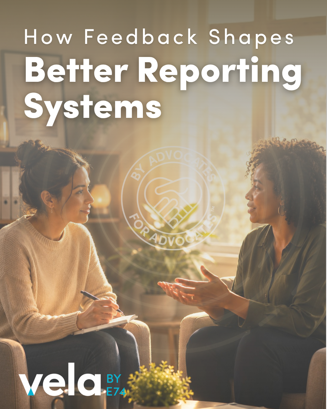 Advocates sharing feedback in a sunlit room