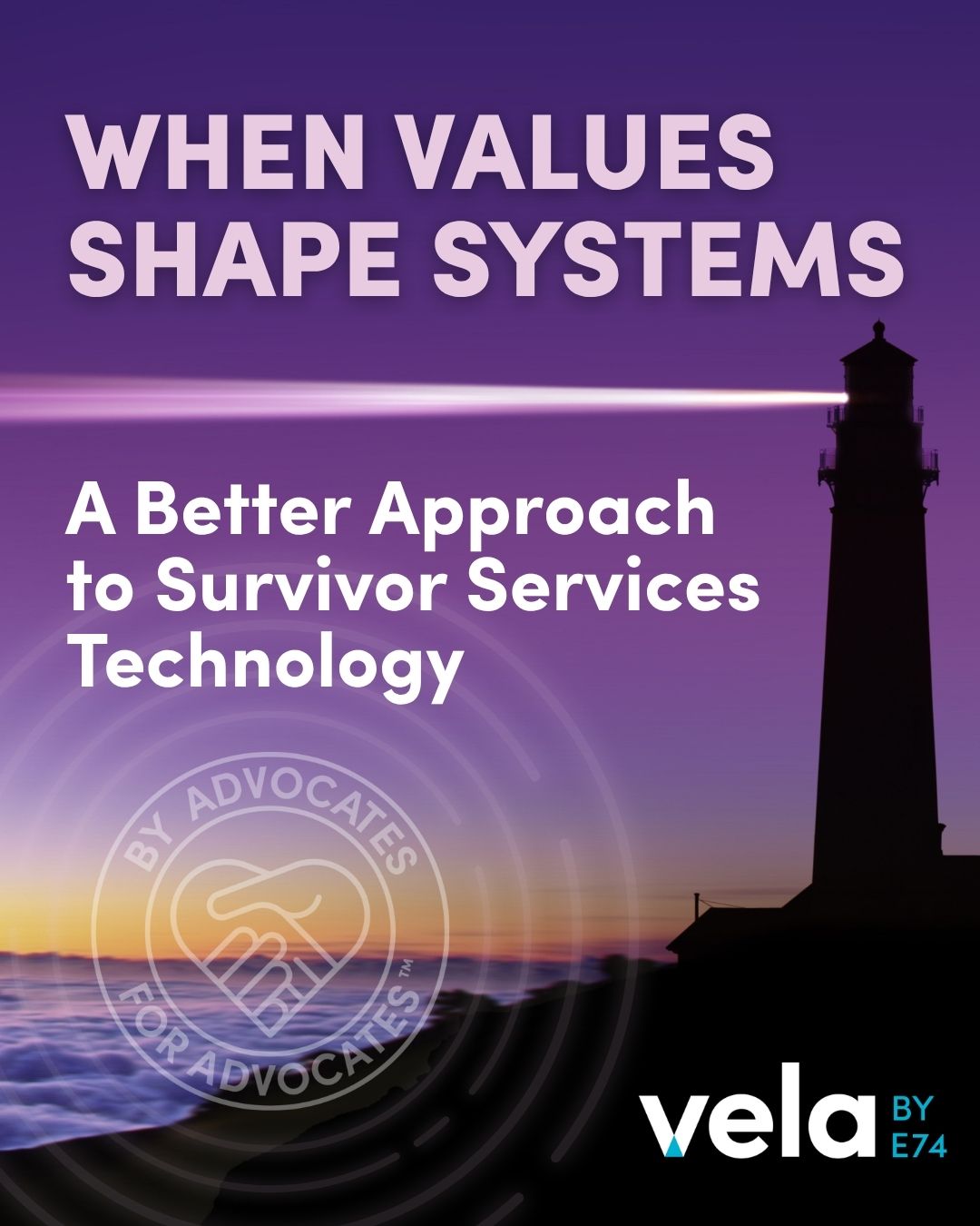Lighthouse with purple background symbolizing the guiding light of Vela's values